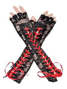 1 Pair Women's Lace-Up Long Sleeve Gloves For Wedding - Black - View 8