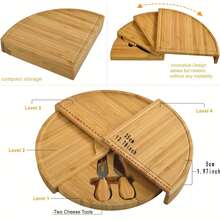 35cm Bamboo Cheese Board And Knife Set, Round Charcuterie Board Set With 2 Knives, Cheese Meat Wine Serving Tray Platter, Home Decor Set - Brown - View 8