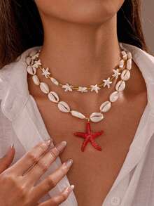 1/2 件波西米亚风贝壳海星项链，海滩和海洋主题夏季女士旅行配饰