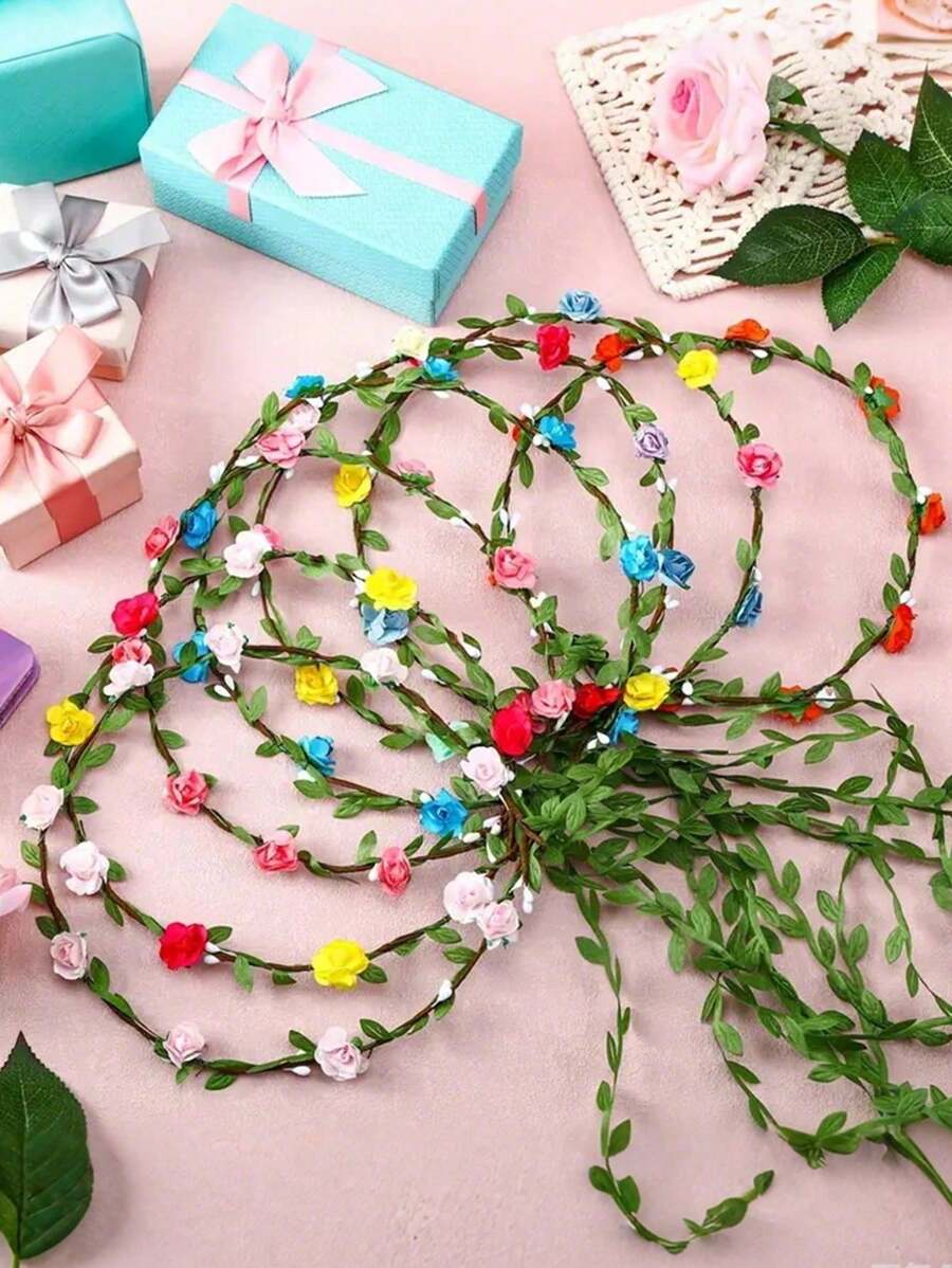 1/5 Pieces (Random Color) Bright Flower Crown And Fairy Flower Crown Set - Colorful Flower Crown Headband, Green Leaves, Simple Green Leaves, 9 Paper Flower Crown Accessories Headband, Hair Hoops