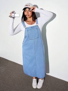 Jeanoix 大码纯色无袖牛仔连衣裙，带口袋 - 藍色 - 查看 3
