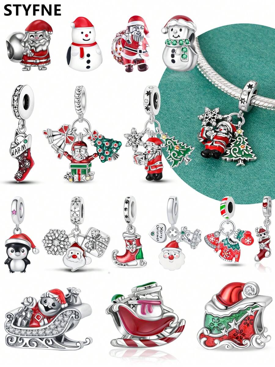 STYFNE 1 pieza Colgante con cuentas de árbol de Navidad, campana, Papá Noel, reno, muñeco de nieve, adecuado para pulseras DIY, joyería de mujer, pequeño regalo diario