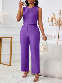 2 Pcs Women Casual Fashion Elegant Sleeveless Tank Top And Long Pants With Slant Pockets And Button Details Set - Purple - View 5