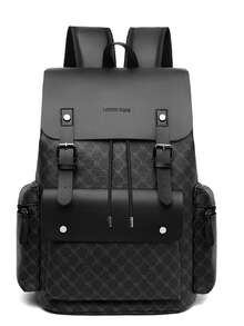 大容量男士格子背包 - 笔记本电脑包配有可调节肩带、多个隔层和拉链开合，适合通勤、办公室工作、商务旅行 - 黑色 - 查看 1