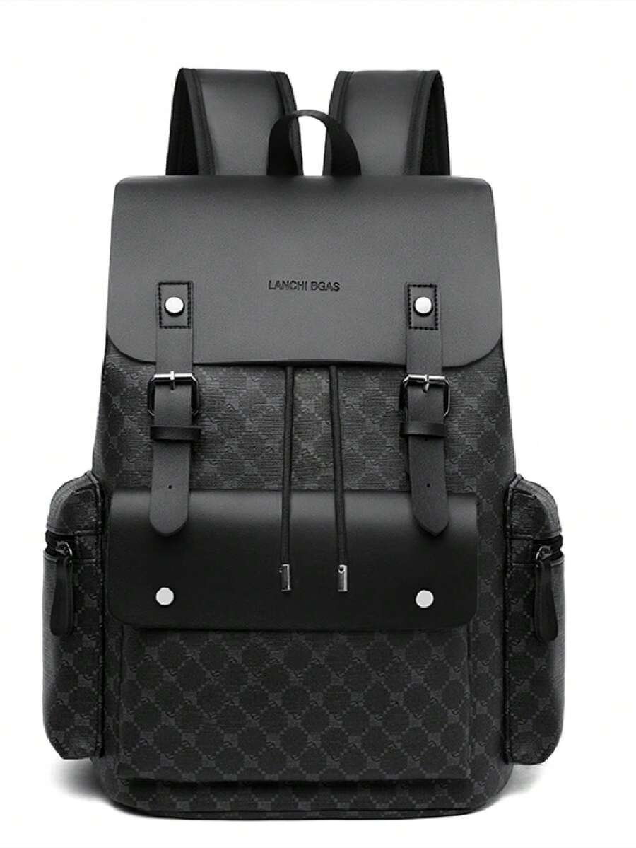 大容量男士格子背包 - 笔记本电脑包配有可调节肩带、多个隔层和拉链开合，适合通勤、办公室工作、商务旅行 - 黑色 - 查看 1