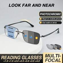 1pc Retro Frameless Photochromic Multifocal Readers, High-Quality Progressive Lenses & Durable Frame, Business Style Reading Glasses, Distance & Near Vision, Suitable For Office, Leisure Reading - Golden - View 5