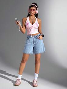 Jeanoix 女士夏季休闲蝴蝶结刺绣牛仔短裤 - 淺色水洗藍 - 查看 3