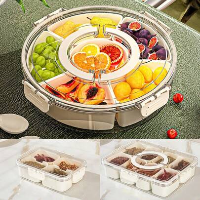 1 件食品储物盒，带 4/6/8 个碗，大容量塑料托盘带密封盖，派对/宴会分隔盘带手柄，圆形/矩形可旋转支架/糖果、水果、坚果、蜜枣、咖啡豆、零食支架，适用于家庭、客厅、厨房、酒店、办公室、婚礼、储物整理器、桌面储物圣诞礼物