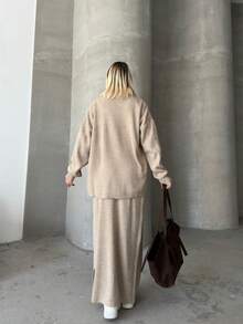 Button Detailed Skirt Set, Solid Color Casual Split Ribbed Button Co-Ord Set For Home Wear - Coffee Brown - View 7