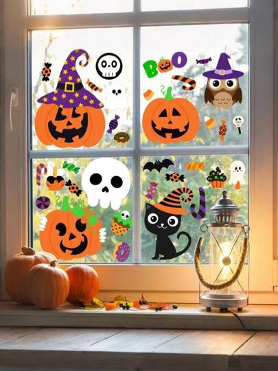 62pcs(6sets)-Halloween Decorations With Cute Pumpkin Ghost Stickers And Decals For Parties, Window Patches – Retro Ghost Evil Pumpkin Bat Reusable Window Stickers For Halloween Fall Party Supplies, Home Glass Decorations, 6 Pieces Of Halloween Window Decorations - Stickers, Pumpkins With Ghost Decals For Parties,Halloween Decor