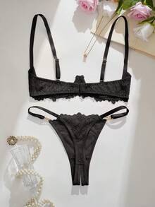 Sexy Lingeries, Fashionable Pink Floral Lace Lingerie Set, No Cup Bra And Panties - Black - View 2