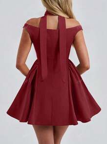 Women's Party Event Cocktail Mini Dress With Detachable Scarf, Sexy Spaghetti Strap V-Neck Ruched Flounced Dress