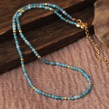 波西米亚法式蓝色项链，配天然宝石天然蓝色磷灰石珠 - Aquamarine - 查看 2