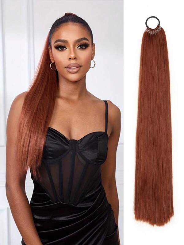 26 Inch/34 Inch Ponytail Extensions, Versatile Elastic Band Rust Brown Ponytail Heat Resistant Extension For Women, Long Straight DIY Wrap Around Ponytail Soft Natural Synthetic Pony Tails For Women Daily Cosplay And Christmas Music Festival Carnaval New Year Gifts Used