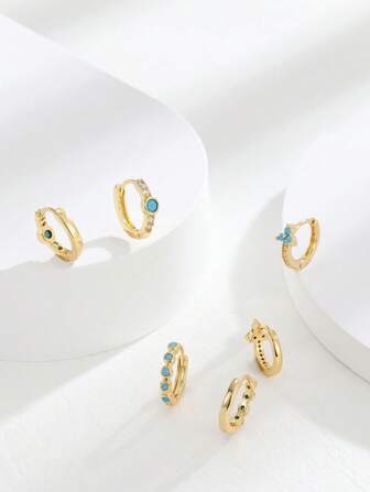 Fashionable And Elegant Cubic Zirconia Earrings Set Of Three, Thickness 0.03μm, Gold Plated