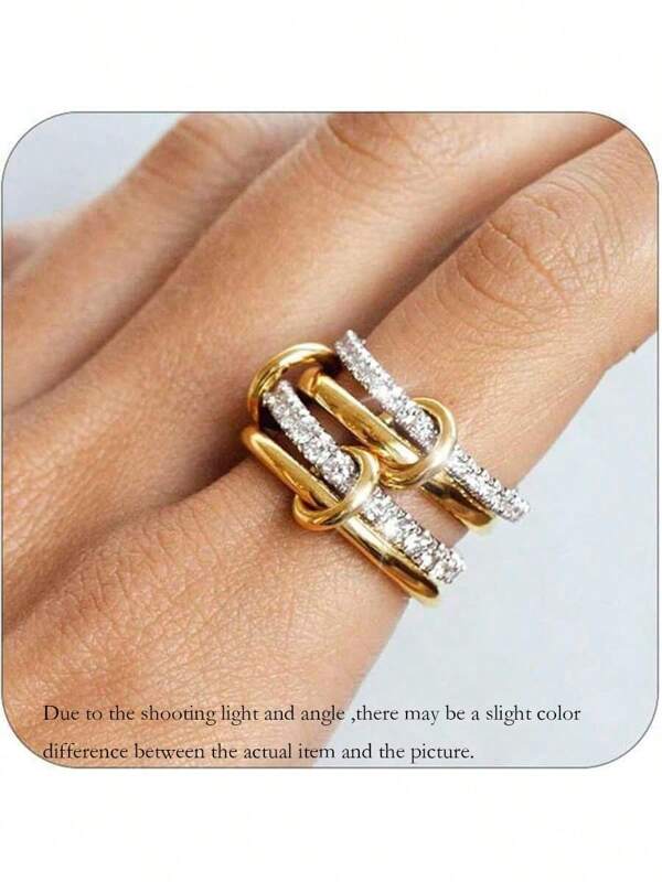 1 pièce Anneau simple à cercles liés décoré de zircone en acier inoxydable plaqué or 18 carats. Convient pour les femmes, les hommes, les couples, pour un port quotidien et en cadeau