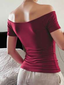 Livesso Women's Solid Color Overlap V-Neck Short Sleeve T-Shirt, Summer - Burgundy - View 5