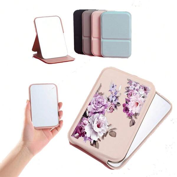 Espejo plegable, accesorio de maquillaje de viaje portátil cuadrado, herramienta de belleza plegable de mano con soporte de escritorio, acabado cepillado, montaje de sobremesa, sin alcohol, sin batería requerida
