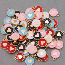 50pcs Assorted Double-Sided Oil Dripping Heart-Shaped Alloy Round Charms, Suitable For Women's Necklace, Earrings, Hair Accessories, Pendant DIY, Heart-Shaped Jewelry, Couples Pendant, Gift For Friends Holiday - Multicolor - View 2