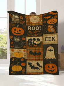 Halloween1pc Retro Card Ventilation Flannel Blanket, Printed With Pumpkin, Owl, Black Cat Elements Throw Blankets, Blanket For Bed, Tapestry, Suitable For Home Decor, Bedroom Decor, Room Decoration Stuff, Living Room Decor, Picnic Blanket, Best Friend Gifts, Bed,Birthday Present.