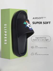 Kids EVA Foam Slippers, Lightweight Non-Slip Soft Soles Football Design, Comfortable Home/Casual Slip-On, Quick Drying, Solid Color, Thick Sole, Suitable For Boys & Girls, Beach Sandal - Black - View 2