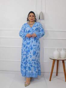 LUXURY ELEGANT LONG SLEEVE PRINTED PLUS SIZE LONG DRESS - 藍色 - 查看 1