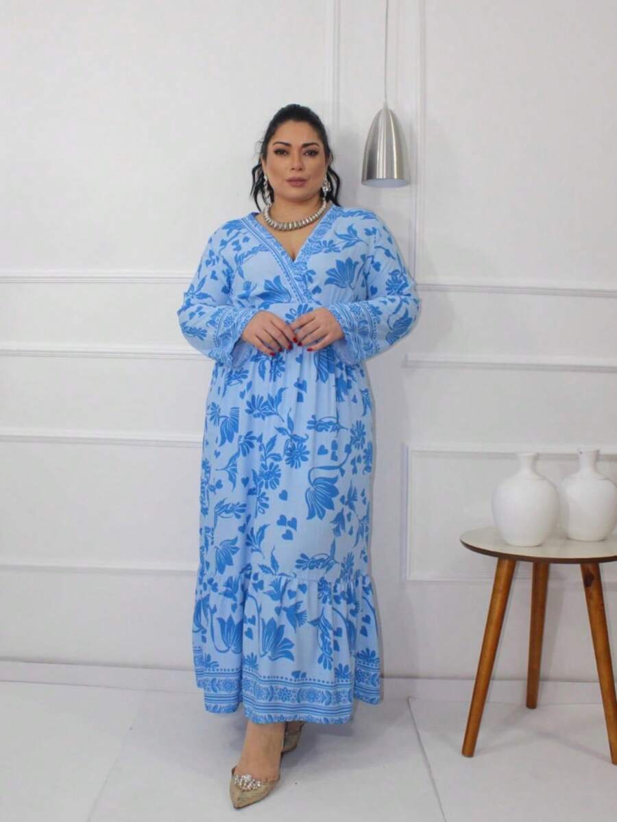 LUXURY ELEGANT LONG SLEEVE PRINTED PLUS SIZE LONG DRESS - 藍色 - 查看 1