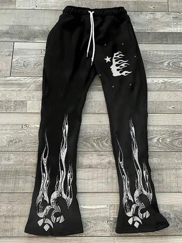 Men's Loose Casual Sweatpants With Distressed Print Logo And Large Side Graffiti Print, Streetwear Fashion