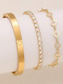 Glamour Luxury Fashion Four Leaf Clover Zirconia Stainless Steel Women Bracelet Set, Suitable For Daily Wear And Gift - Yellow Gold - View 15