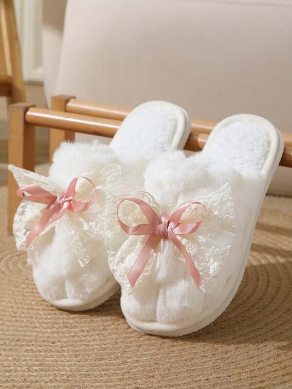 Cute Lace Bow Women's Indoor Slippers, Lightweight, Quiet, Non-Slip, Warm, Casual Plush Slippers For Autumn/Winter