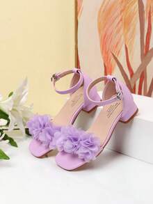 Summer Square Toe Square Heel Floral Decor Sandals, Girls High Heel Dance Shoes, Student Performance & Daily Activity Sandals - Purple - View 6