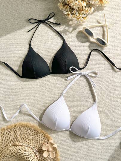 2pcs Solid Color Sexy Elegant Knotted Tie Back Bikini Top, Suitable For Beach Holiday Summer