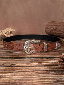 1 chiếc thắt lưng da PU khắc họa tiết hoa đầu bò bằng kim loại màu nâu cổ điển màu vàng - màu nâu - Xem 3