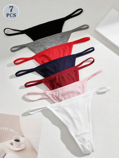 7pcs/Pack Sexy Thong Panties, Ribbed Low Waist Seamless Thongs, Breathable & Comfortable, Invisible G-String, Soft T-Back Elastic Underwear, Simple Style Non-Sheer Briefs, Fashionable For Daily Wear