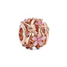 Talisman de plata de ley 925 chapado en oro rosa con diseño fijo de flor de ciruelo y animal de dibujos animados, adecuado para pulseras DIY, regalo de moda y elegante para el cumpleaños de la mujer