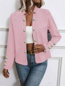 Women's Solid Color Button Front Long Sleeve Lightweight Jacket, Spring/Autumn