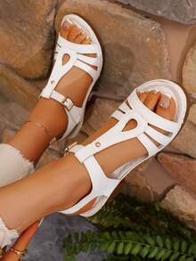 1 双女式厚底扣带凉鞋，百搭平底舒适运动沙滩鞋，适合日常穿着的度假时尚休闲鞋 - 白色 - 查看 2
