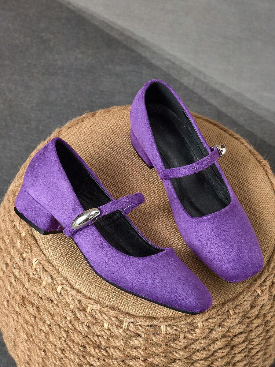 Women's Purple Mary Jane Shoes With 3cm Cloth Covered Chunky Heels, Fashion Versatile For All Seasons