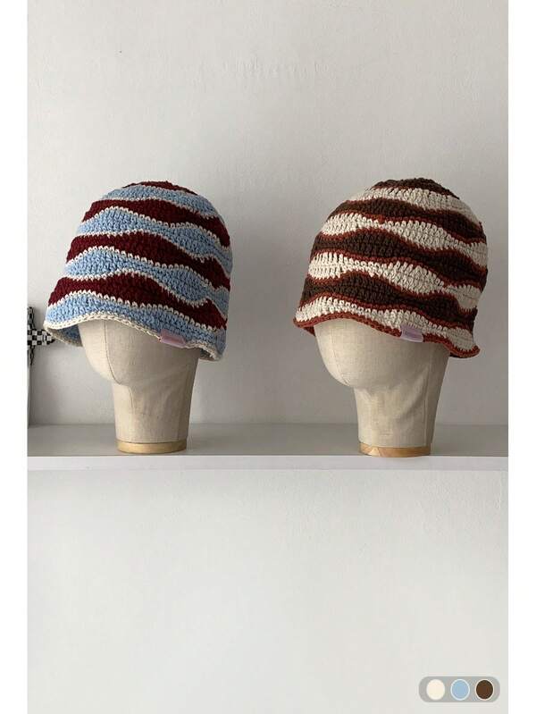 1 pièce Chapeau seau vintage rayé fait main ajouré, chapeau de protection solaire d'été pour femme, chapeau seau tricoté à rayures bicolores artisanal, petit bonnet tricoté pour femme pour l'automne/hiver, polyvalent