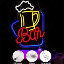 Neon Bar Sign | Multi-Color LED Wall Decor With Adjustable Brightness | USB Powered | Beer Mug Design In Yellow, Red & Blue | Durable Plastic | Ideal For Home Bars And Party Lighting, Home Bar Accessory | Playful Neon Sign | Vibrant Neon Lights