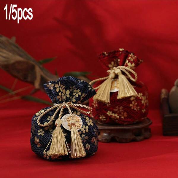 1/5 piezas Bolsas de caramelos con flecos estilo chino, bolsas de regalo de tela con cordón, adecuadas para boda, festival, cumpleaños, fiesta, recuerdos, bolsas de favor de boda, bolsas de almacenamiento de joyas
