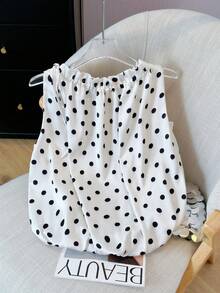 女士时尚黑色圆点缎面抽绳宽松束腰上衣