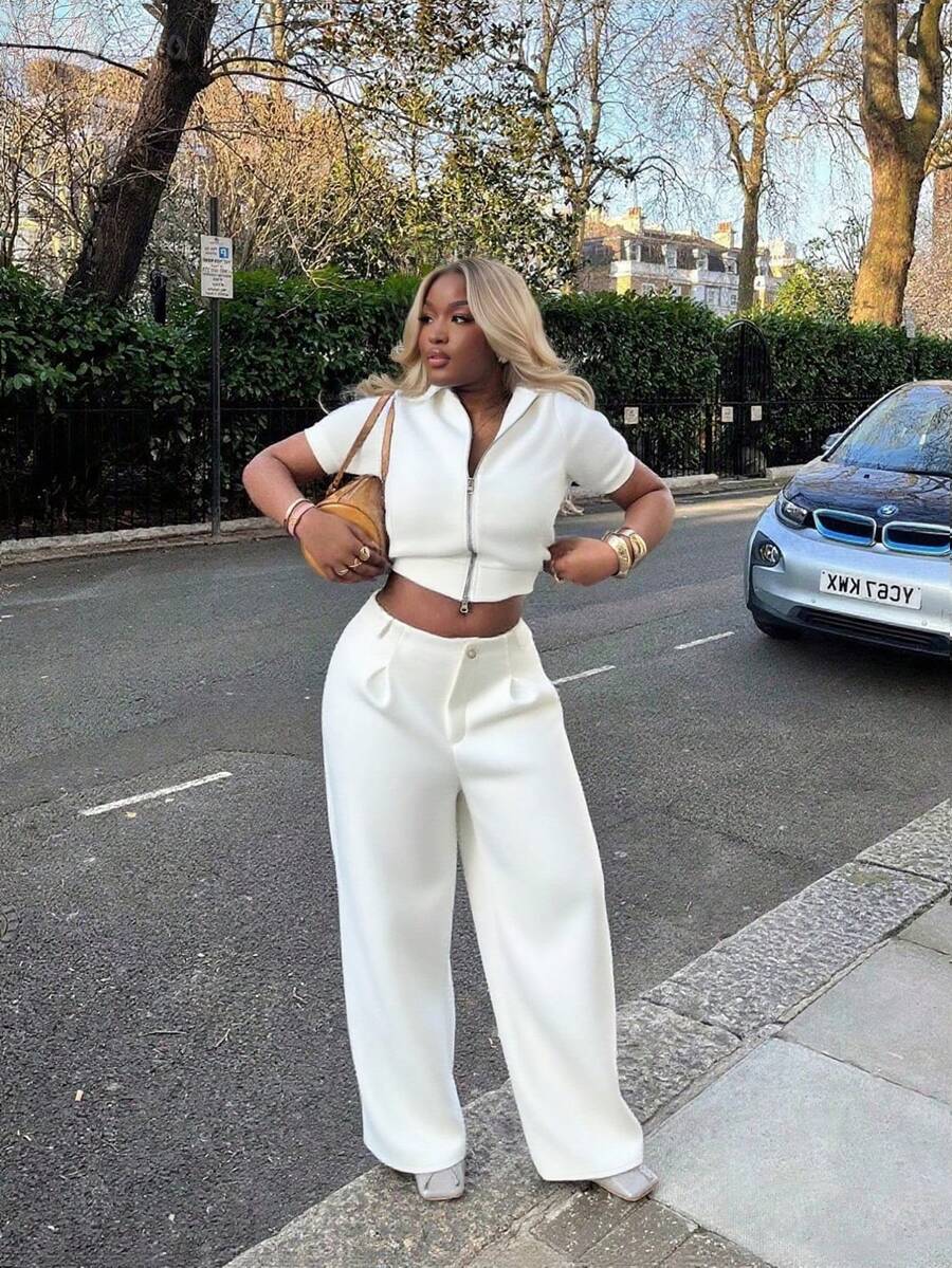 Quần ống rộng xếp ly phong cách thể thao Âu Mỹ mới của VIBEWAVE 2025 dành cho nữ - trắng - Xem 1