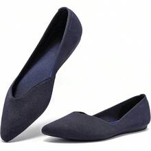 Womens Flat Shoes Classic Pointed Toe Flats Knitted Dress Shoes Soft Comfortable Dressy Flats Women - 6042海軍 - 查看 1