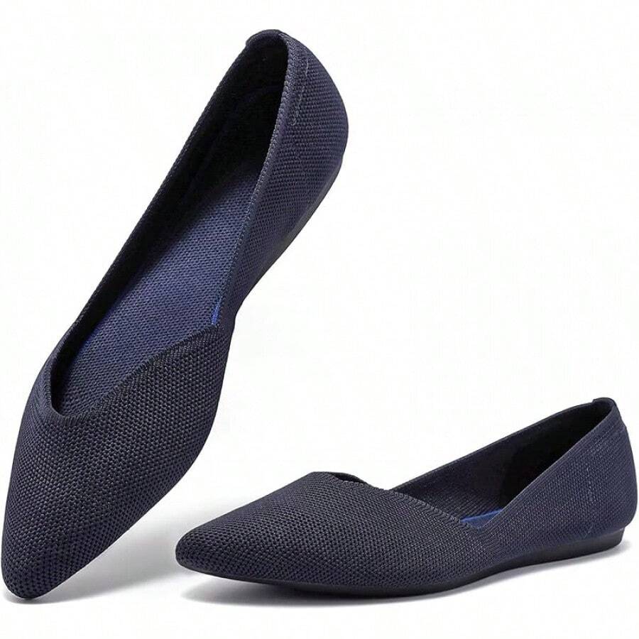 Womens Flat Shoes Classic Pointed Toe Flats Knitted Dress Shoes Soft Comfortable Dressy Flats Women - 6042海軍 - 查看 1