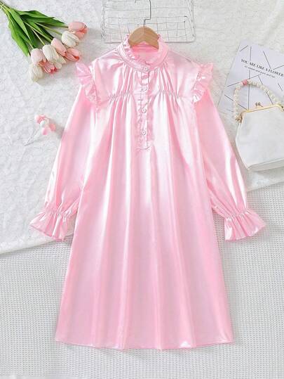 1 件青少年女孩简约荷叶边下摆舒适优雅纯色家居服