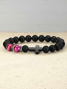 希望、信念和爱！时尚十字架装饰黑色串珠手链，送给儿子