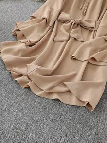 时尚纯色V领不对称系带长袖宽松迷你连衣裙