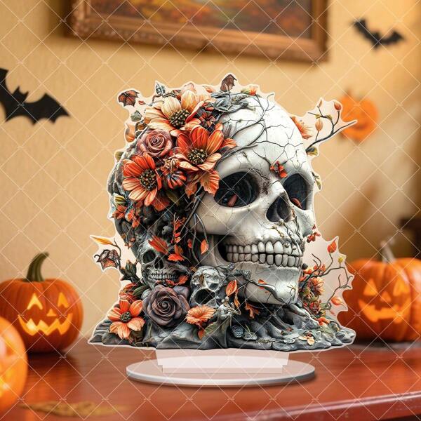 1/2/6pcs , Halloween Themed Desktop Decoration Ornaments, 2D Acrylic Flat Desktop Art, Skull And Tree Of Life Desktop Decoration With Flowers - Pumpkins On The Tree, Skull And Crow Shape Design, Suitable For Office, Window, Bedroom Decoration, No Electricity Required, Autumn And Halloween Decoration, Outdoor Decoration | Vintage Style | Exquisite Craftsmanship, Home Decoration