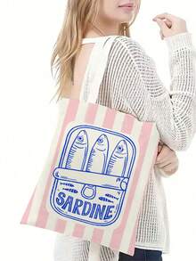 1pc Durable Canvas Tote Bag With Sardine Fish Pattern, Double Sided Graphic Shopping Bag, Great Gift For Friends, Back To School - Multicolor - View 5